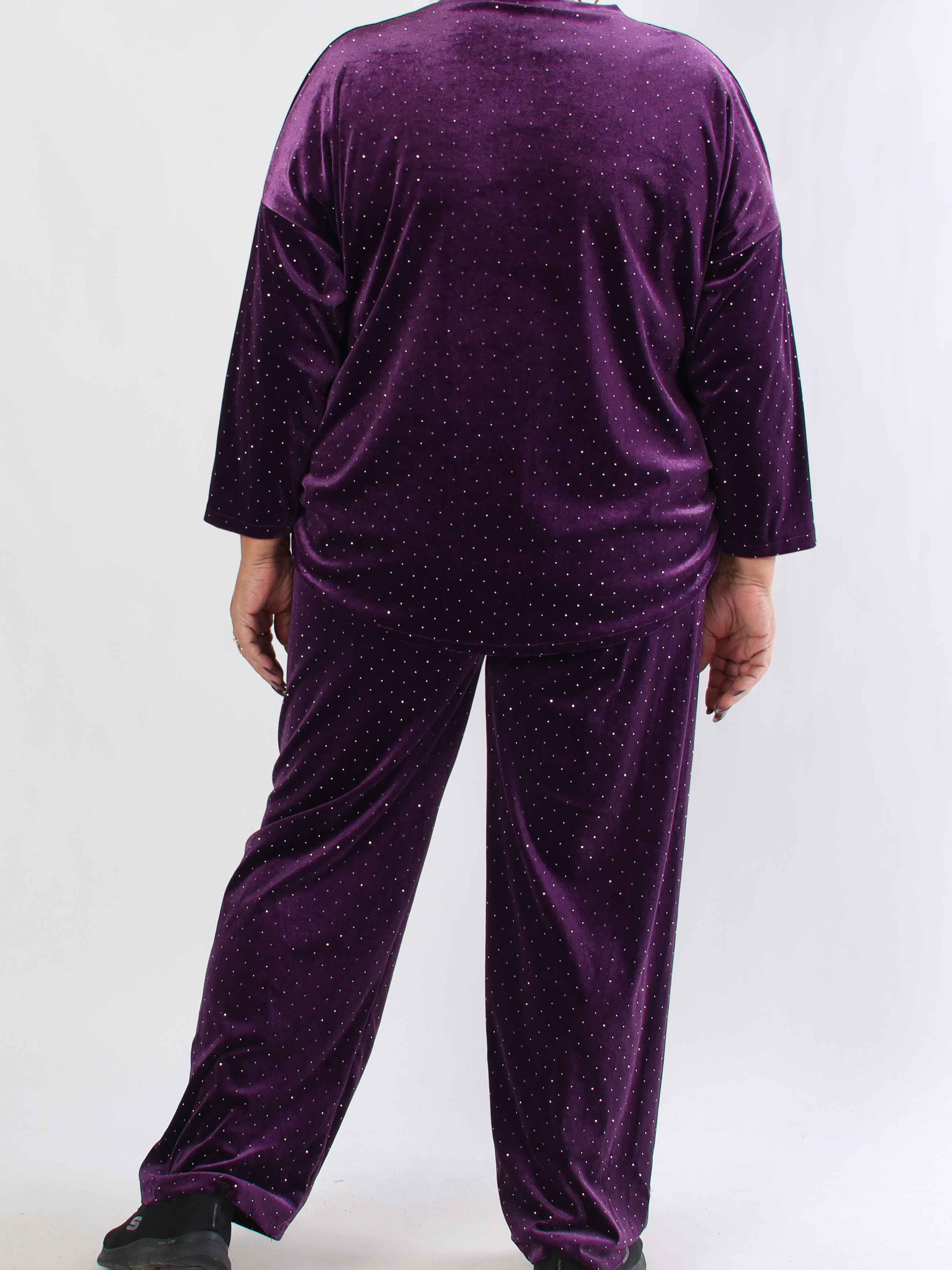 Sparkling - Blødt velour plus size sæt med skinnede sten